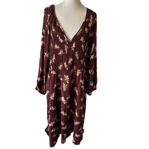 Ava Viv Womens Floral Maxi Dress Sz 2X Burgundy Smocked Peasant Boho Flowy